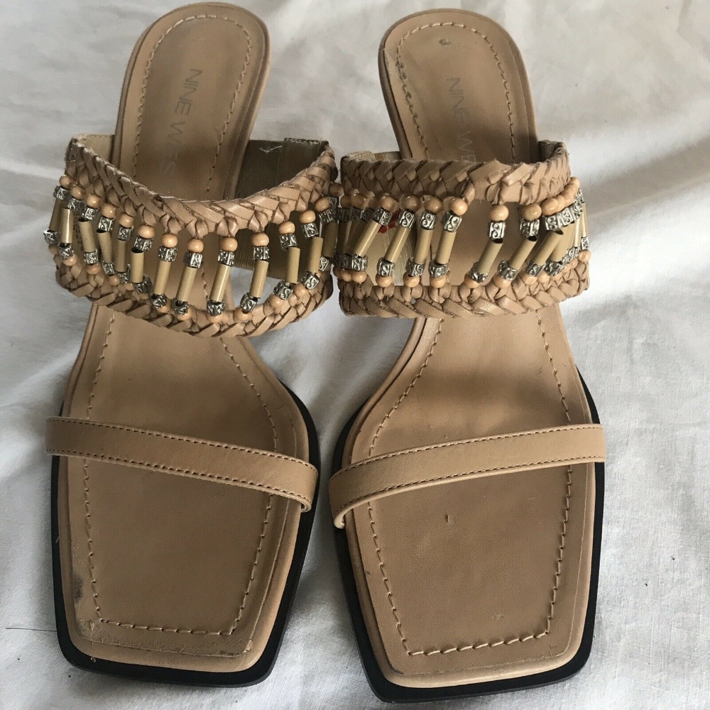 BNWT 9 West 6M Square Toe Leather Mule Wood Bead
